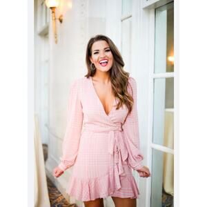 Leyden Pink & Beige Houndstooth Ruffle V-Neck Wrap Dress